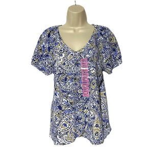 Rafaella Women’s Knit V-Neck Ruffled Short Sleeve Fashion Top